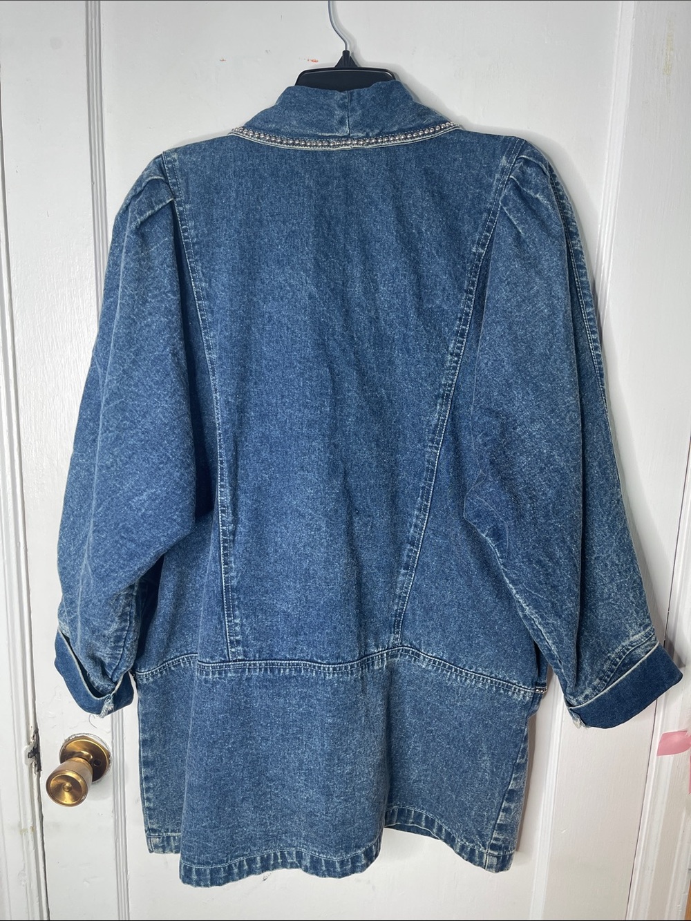 Vintage Denim Sequins Jacket 80s Large Beaded Cotton Long Length Golden Girls L - Picture 6 of 16